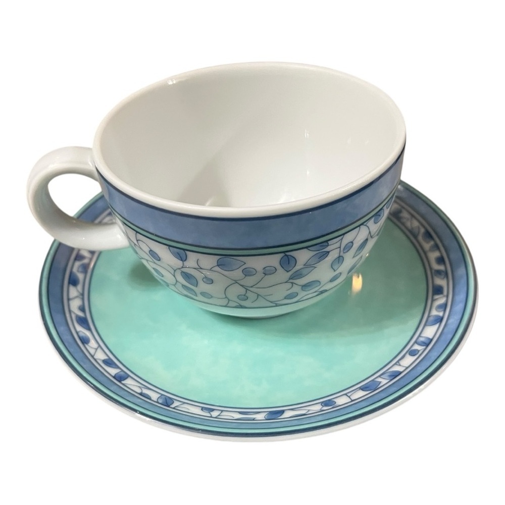 Mikasa fine China Susanne cup and saucer blue floral on white blue & mint trim